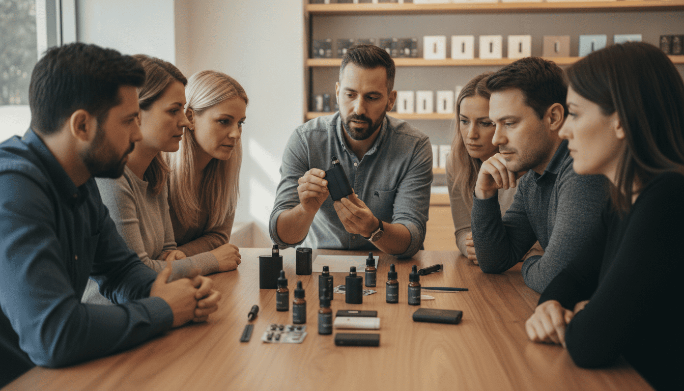 Instrutor adulto mostrando um pod a participantes em um workshop de vape, com dispositivos, e-líquidos e acessórios organizados sobre uma mesa.